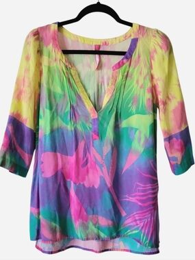 Plenty By Tracy Reese Top Blouse Tie Dye Pink Green Small Rayon